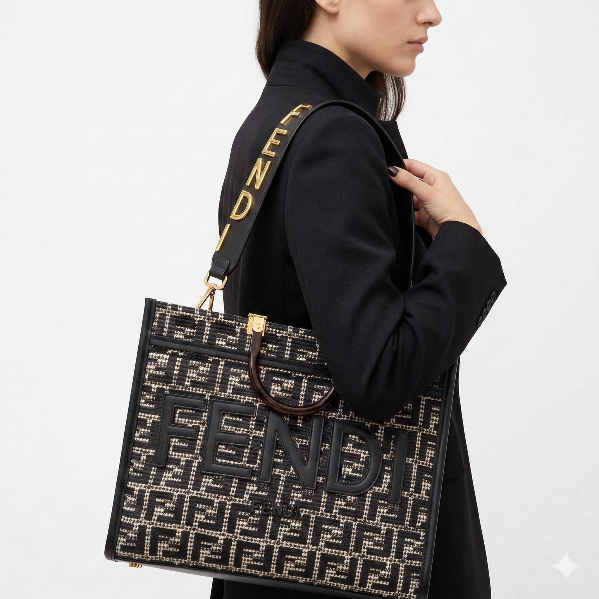 Fendi Sunshine Shopper Tote in Monogram Canvas with Gold Logo Strap 👜🖤✨
