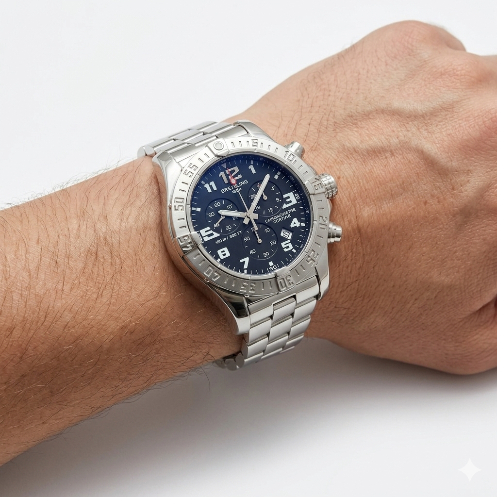 Breitling First Copy: Silver & Black Stainless Steel Watch ⌚