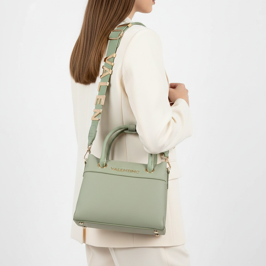 Valentino Sage Green Pebbled Leather Tote with Logo Canvas Strap 👜✨🌿