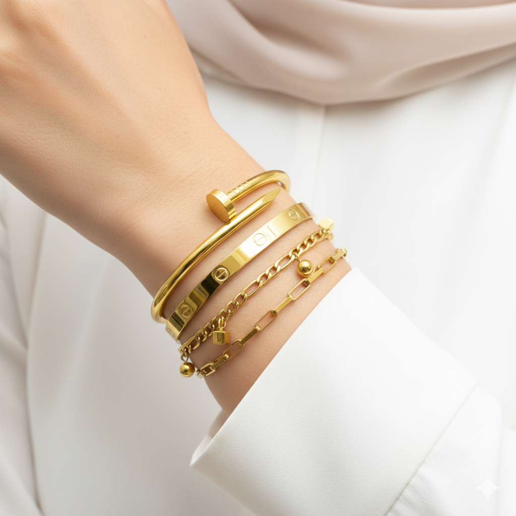 Elegant 4-Piece Gold Layered Bracelet Set with Nail and Screw Motifs ✨ ⚜️ 💛