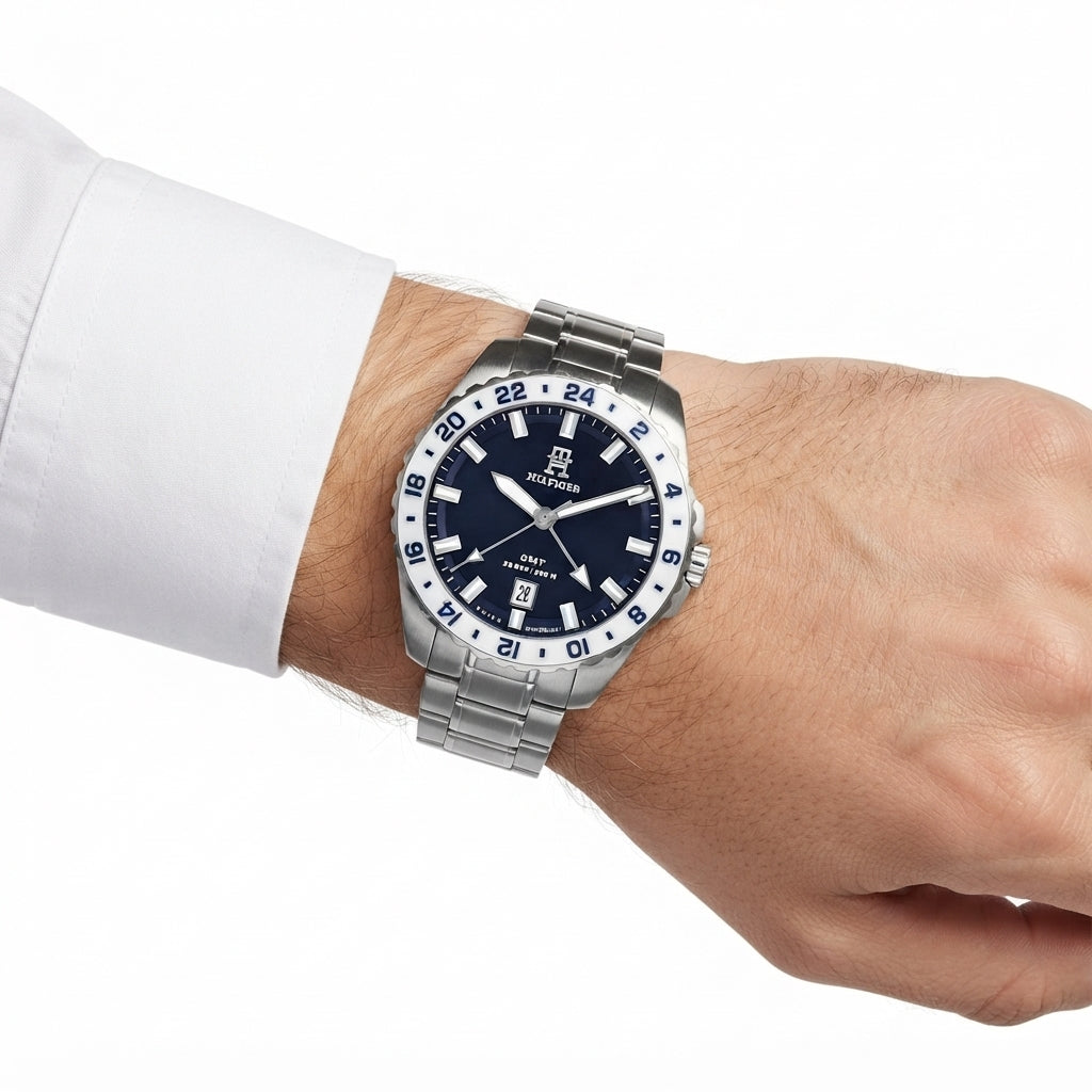 Tommy Hilfiger GMT Stainless Steel Watch with Pepsi Bezel