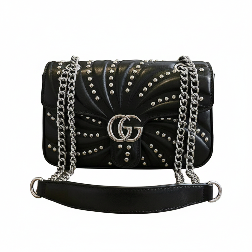 Gucci Black Matelassé Shoulder Bag with Stud Embellishments 🖤✨⛓️