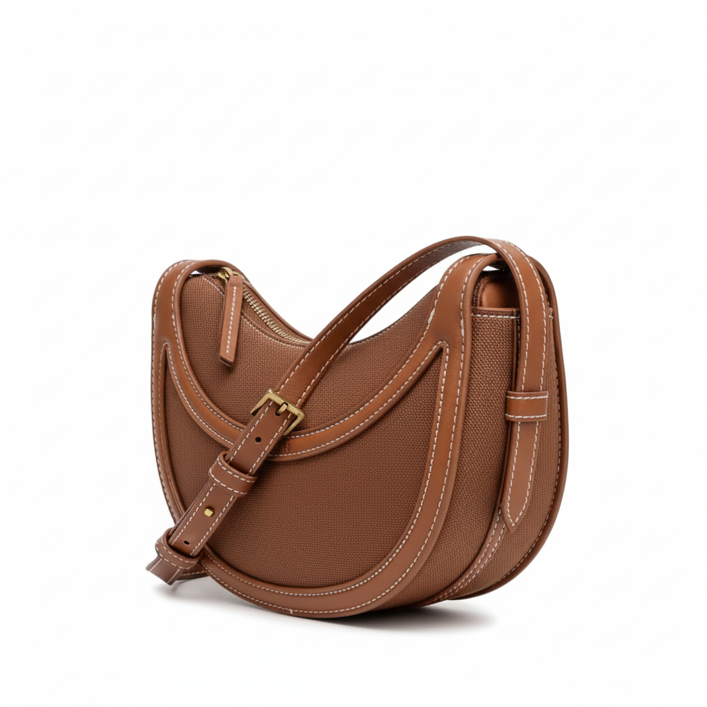 Poléné Half-Moon Saddle Bag in Brown Canvas and Leather 🌙🤎🧵
