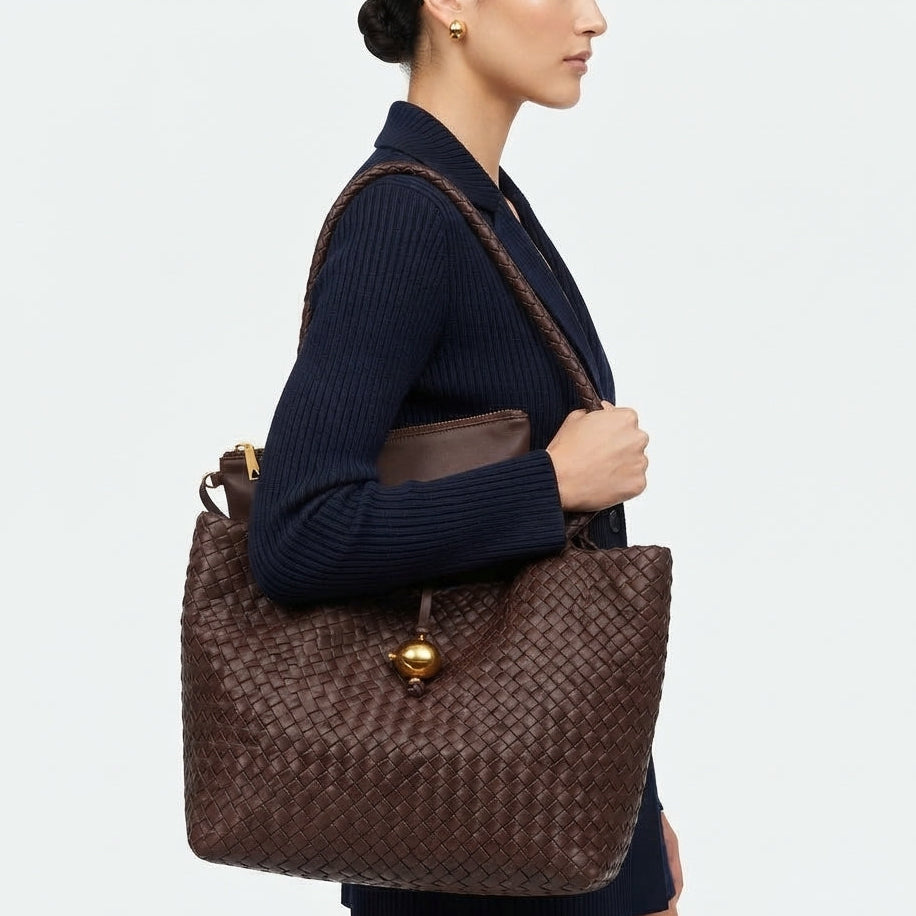 Bottega Veneta Style Woven Leather Tote with Internal Pouch
