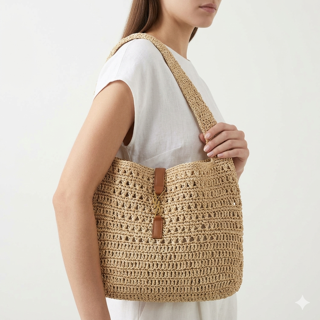YSL Beige Woven & Leather Tote 👜 Chic Carryall