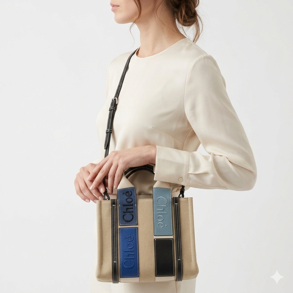 Chloé Woody Canvas Tote Duo in Beige & Blue 👜✨💙