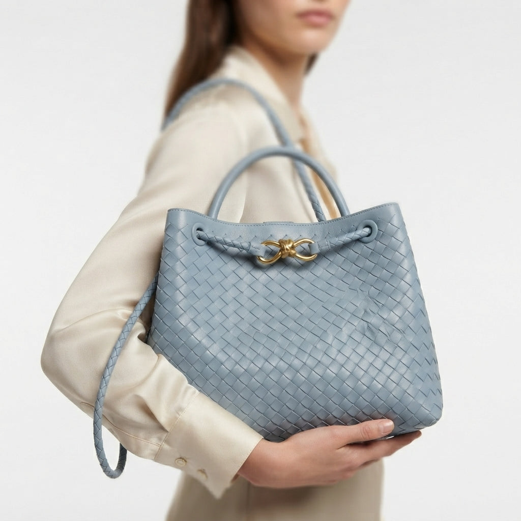 Bottega Veneta Style Woven Handbag with Gold Knot Detail