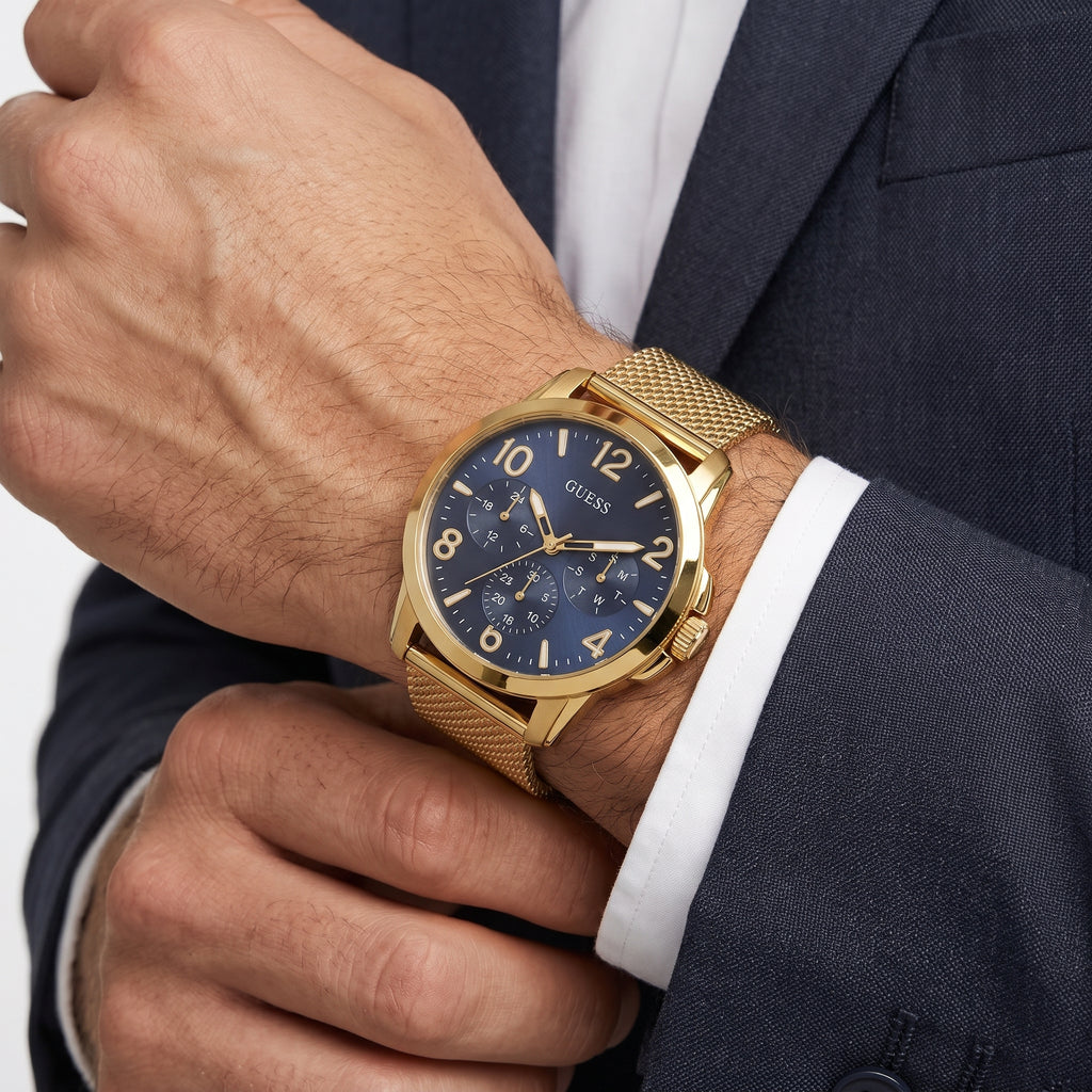 Guess Gold-Tone Mesh Analog Watch with Black Dial
