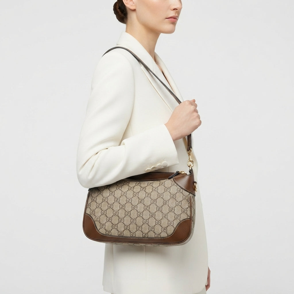 Gucci Monogram Canvas Handbag with Gold Tone Hardware