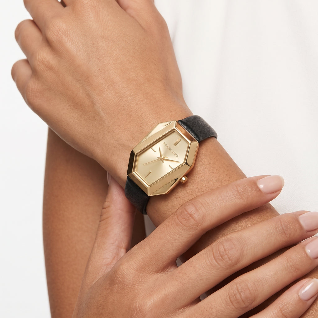 Michael Kors Geometric Gold Tone Watch with Black Leather Strap