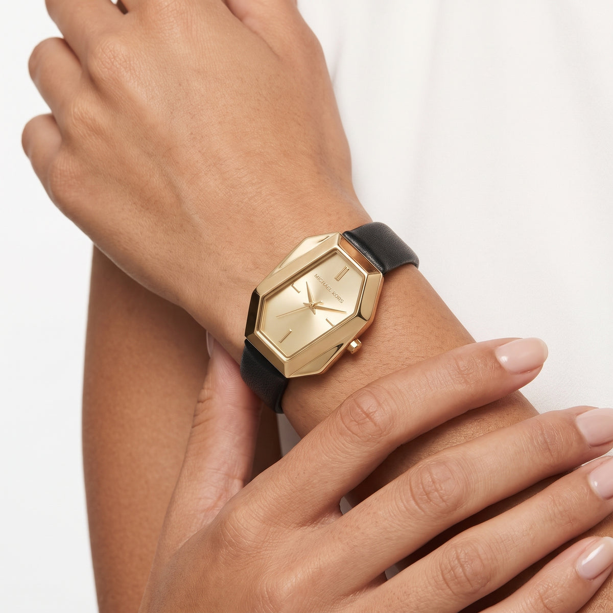 Michael Kors Geometric Gold Tone Watch with Black Leather Strap