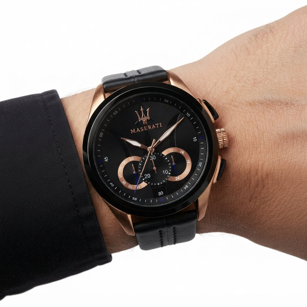 Maserati Chronograph Rose Gold and Black Leather Watch