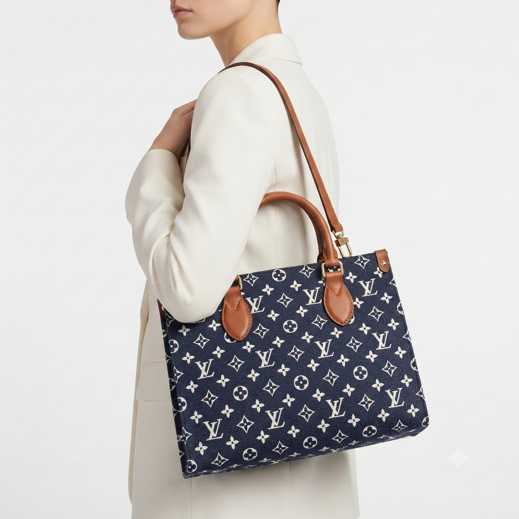 Monogram Pattern Tote Bag with Brown Leather Handles