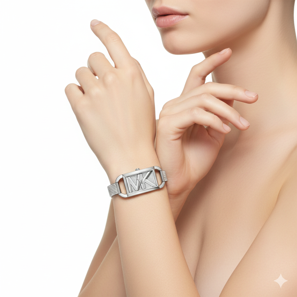 Michael Kors Silver Tone Rectangular Glitz Logo Watch 💎 ✨ ⌚