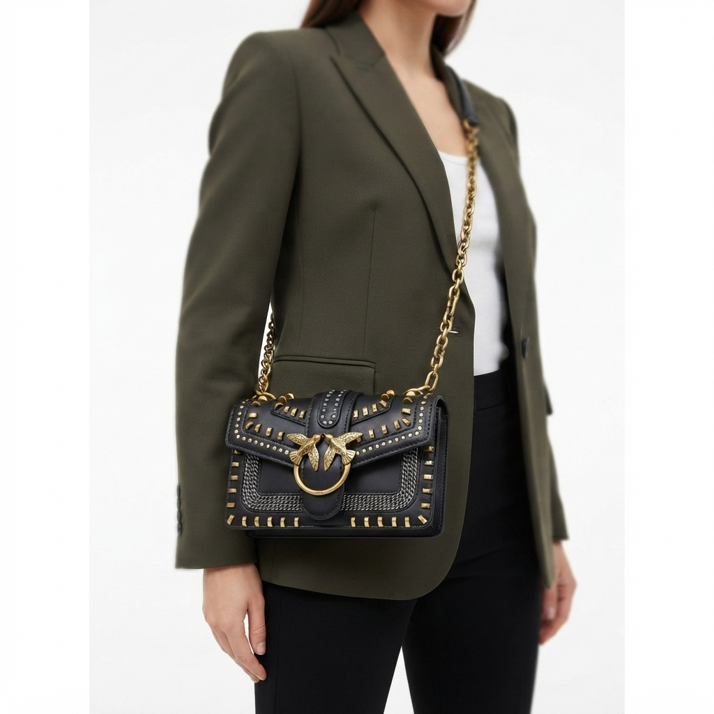 Pinko Studded Shoulder Bag with Signature Bird Hardware 🖤✨👜