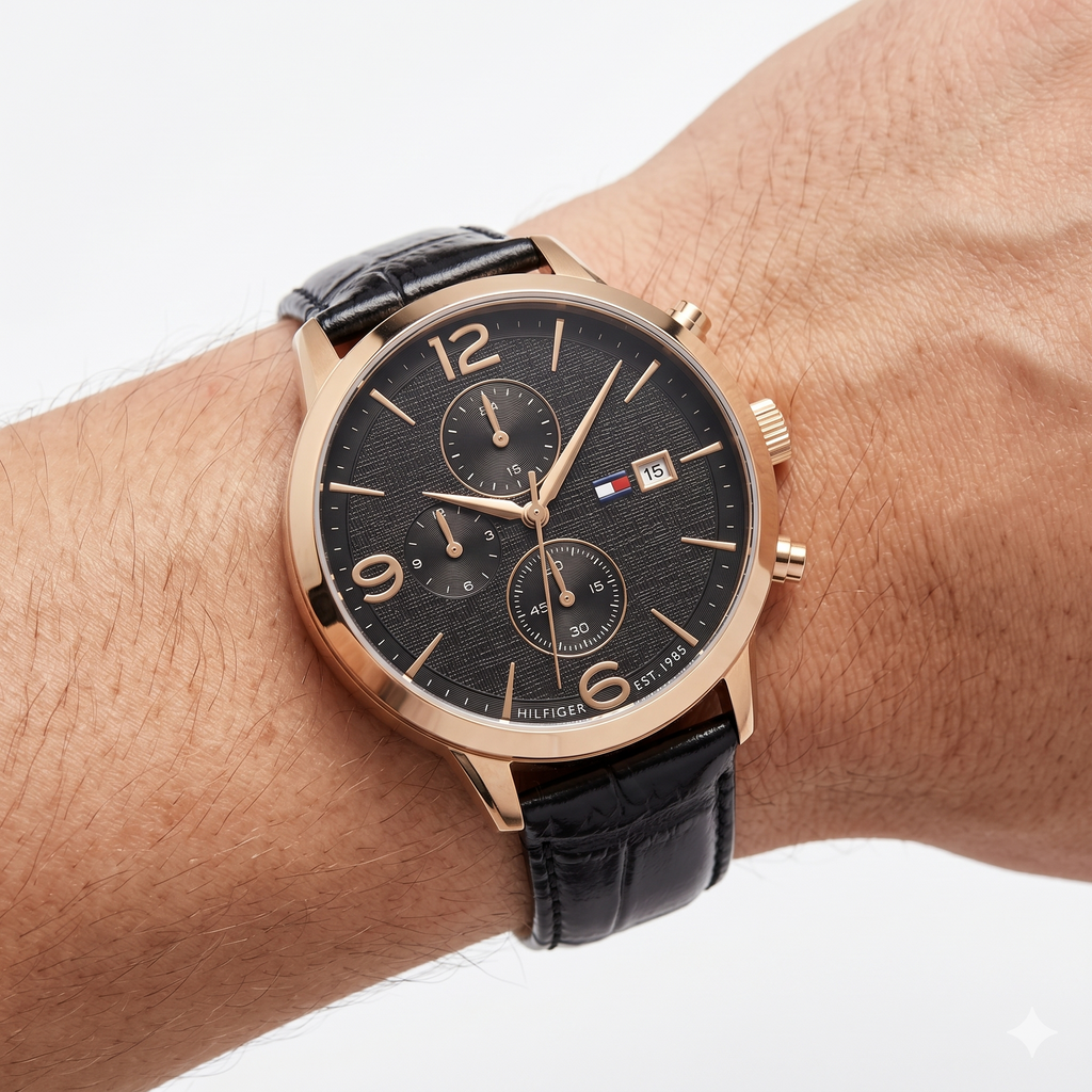Tommy Hilfiger Black Leather Gold Accent Watch ⌚⚫🥇