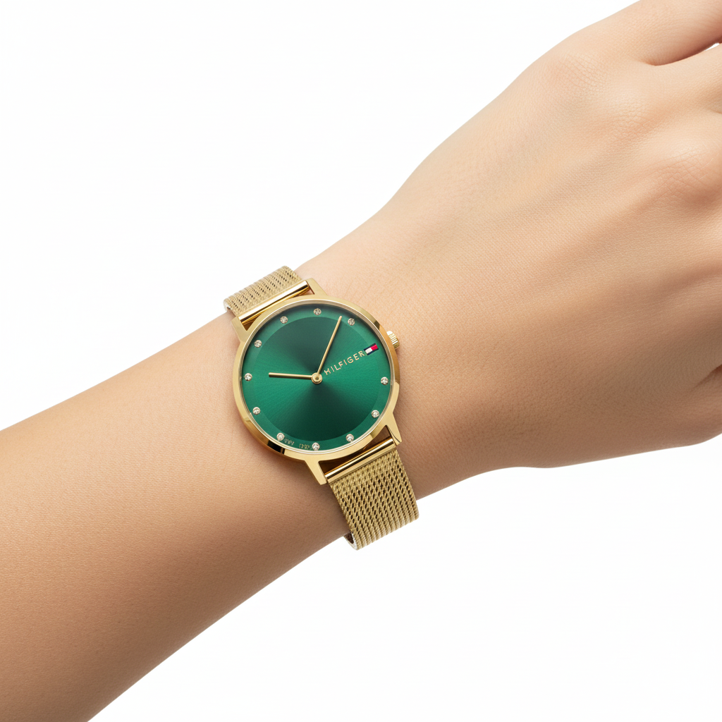 Hilfiger Gold Mesh Watch with Emerald Green Dial ⌚✨💚