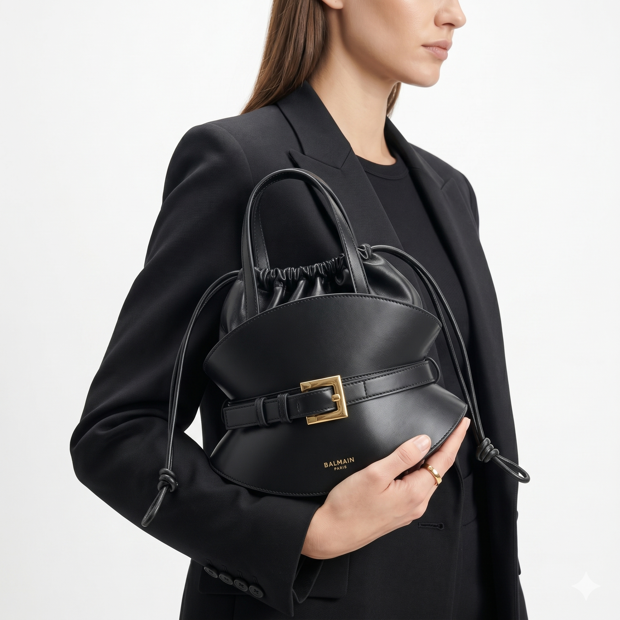 Balmain Paris Black Drawstring Belt Bag with Gold-Tone Buckle 👜✨