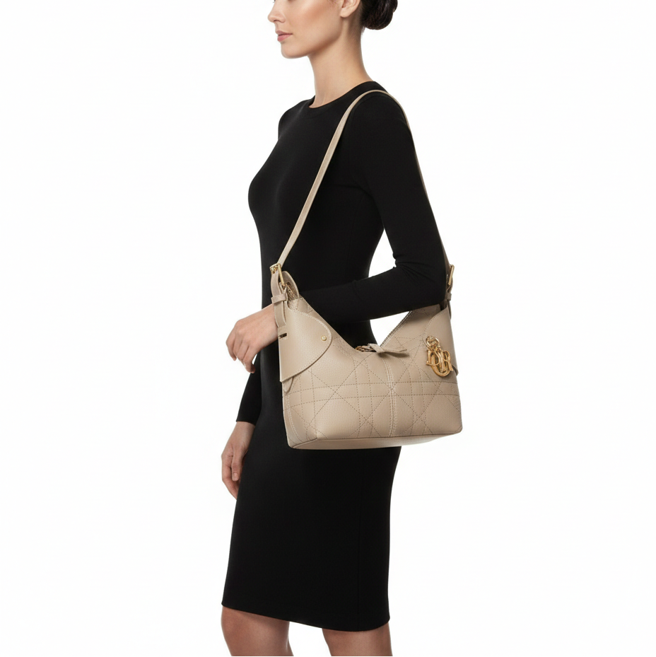 Dior Cannage Leather Hobo Bag with Gold Charm 👜✨🥐