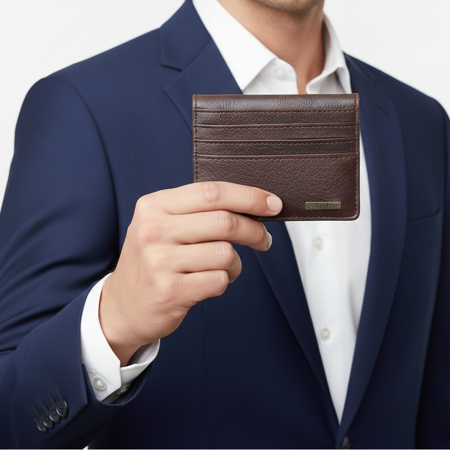 Calvin Klein Brown Pebbled Leather Slim Card Holder 💼 Brown Leather Minimalist Design 🤎