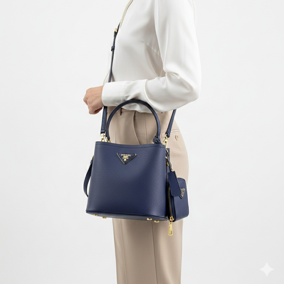 Prada Saffiano Leather Bucket Bag with Matching Pouch 👜✨💙