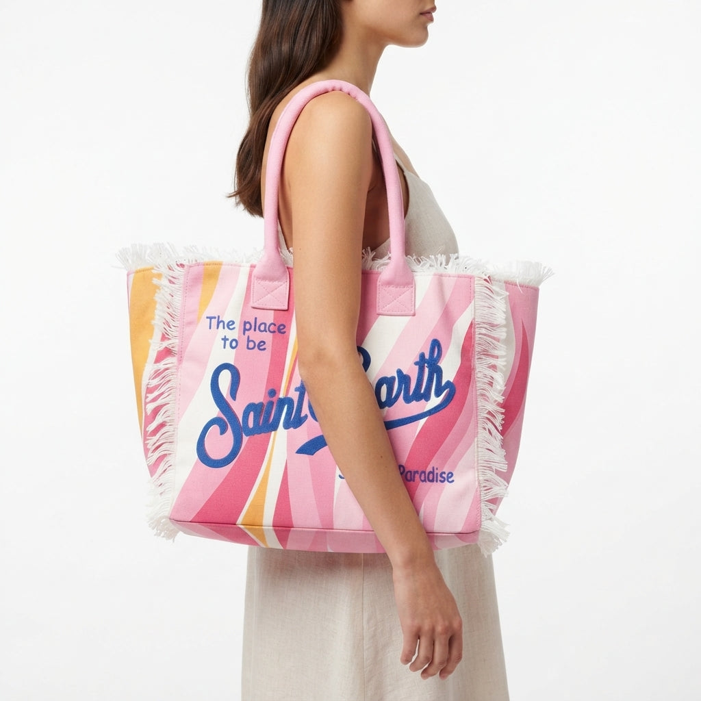 Saint Barth Summer Paradise Fringed Canvas Tote Bag