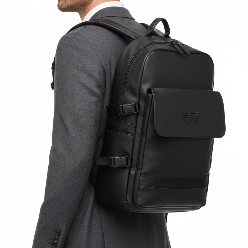 Giorgio Armani Matte Black Leather Backpack with Signature Eagle Logo 🎒🇮🇹✨