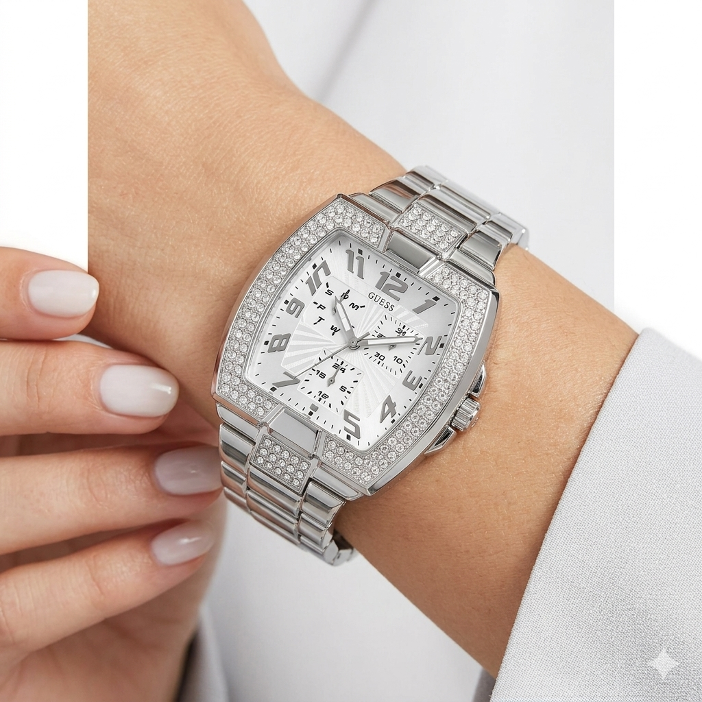 Guess Silver Glitz Multifunction Tonneau Watch ⌚✨💎