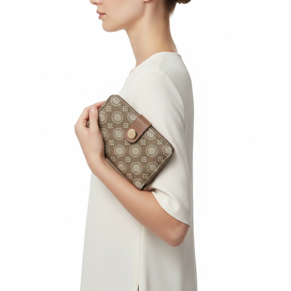 Elegant Geometric Pattern Bifold Wallet with Gold-Tone Snap Closure 👜✨🤎