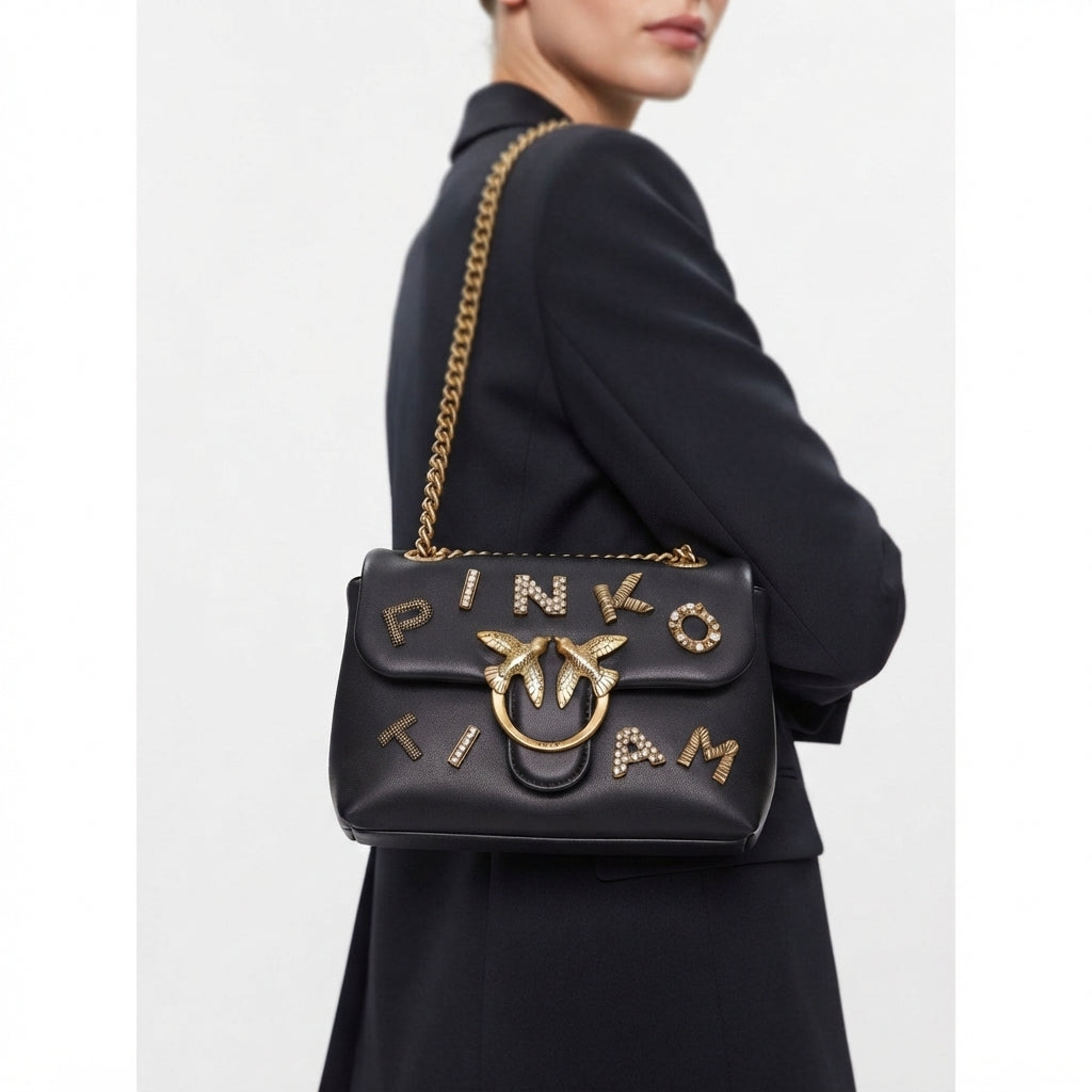 Pinko Embellished Lettering Shoulder Bag with Bird Logo Hardware