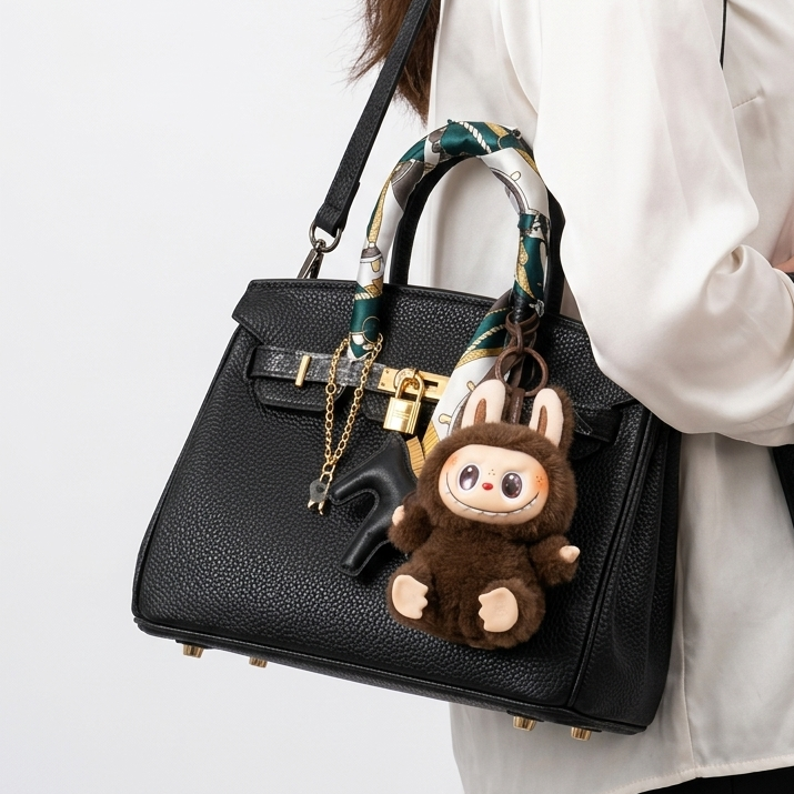 Elegant Hermes Style Handbag with Labubu Charm and Scarf Set 👜✨