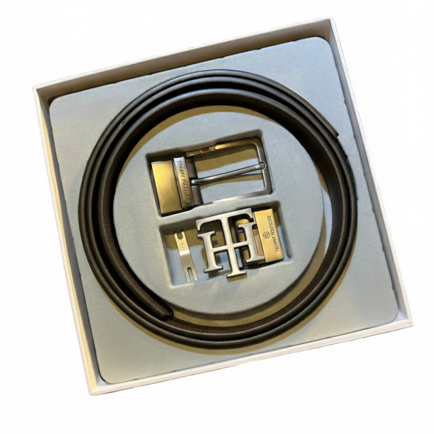 Tommy Hilfiger Reversible Leather Belt Set with Signature & Classic Buckles 🔴🔵🎁