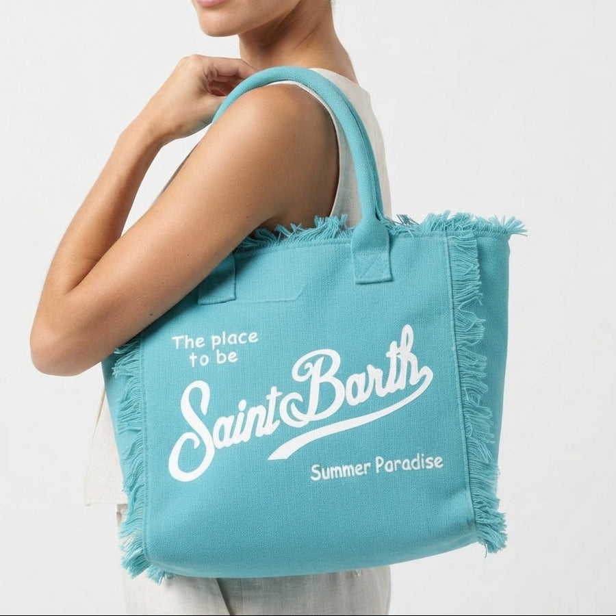 Saint Barth Summer Paradise Canvas Fringed Tote Bag