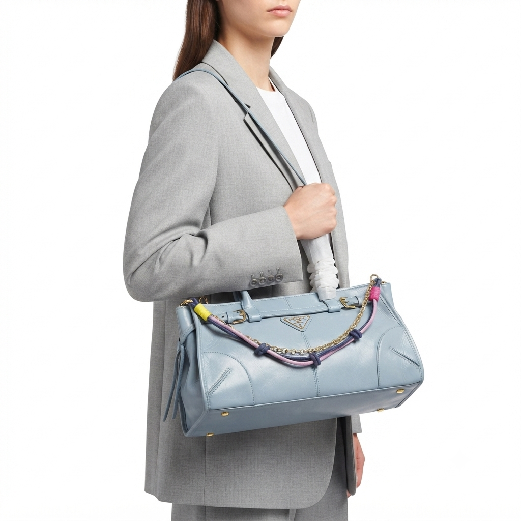 Prada Light Blue Mirror Quality Handbag with Decorative Charm 👜✨
