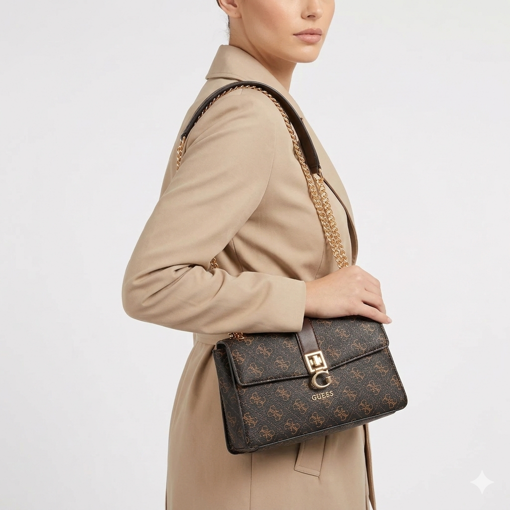GUESS Monogram Logo Crossbody Bag with Gold Chain Strap 👜✨🤎