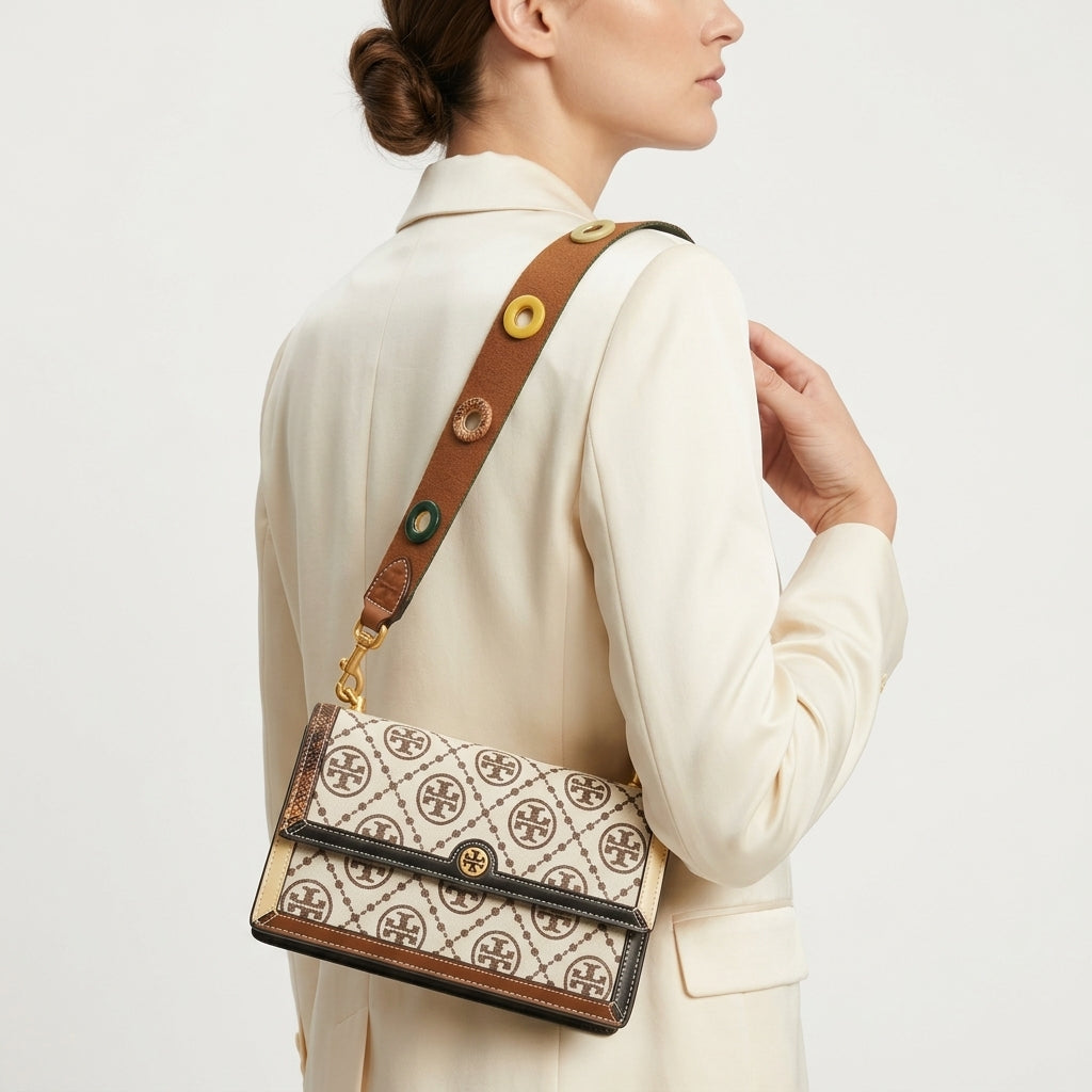 Tory Burch Monogram Shoulder Bag with Decorative Button Strap