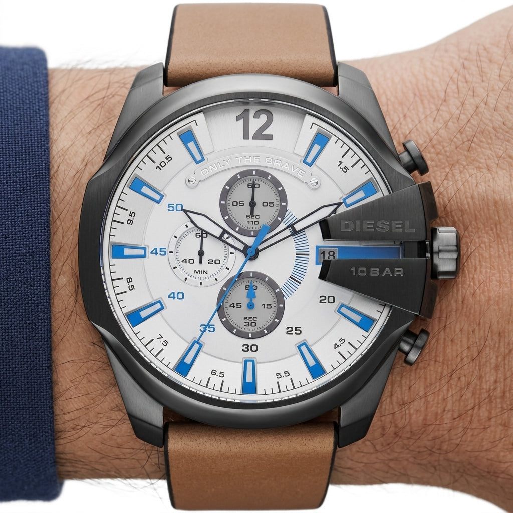 Diesel Mega Chief Chronograph Watch with Brown Leather Strap