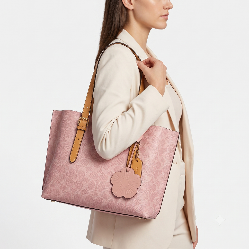 Coach Signature C Pink Tote with Floral Charm 🌸👜