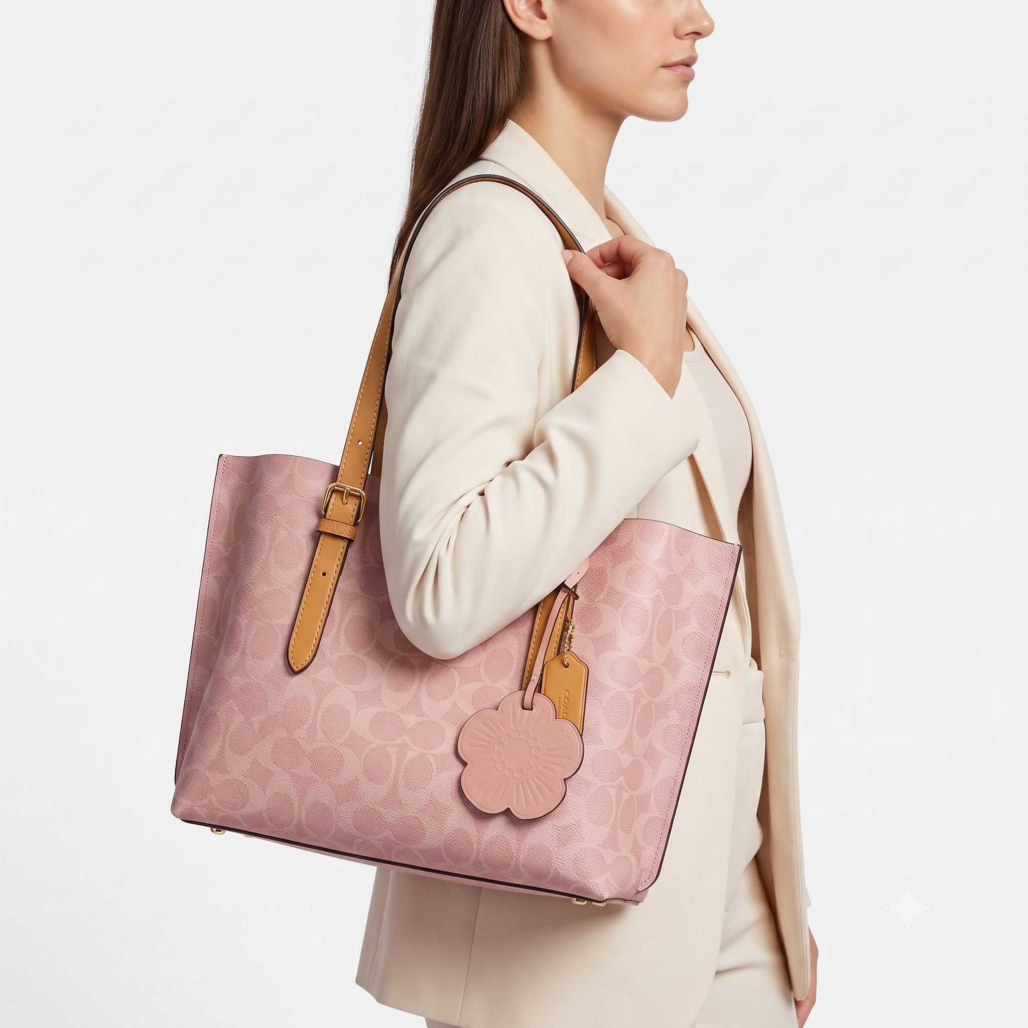 Coach Signature C Pink Tote with Floral Charm 🌸👜