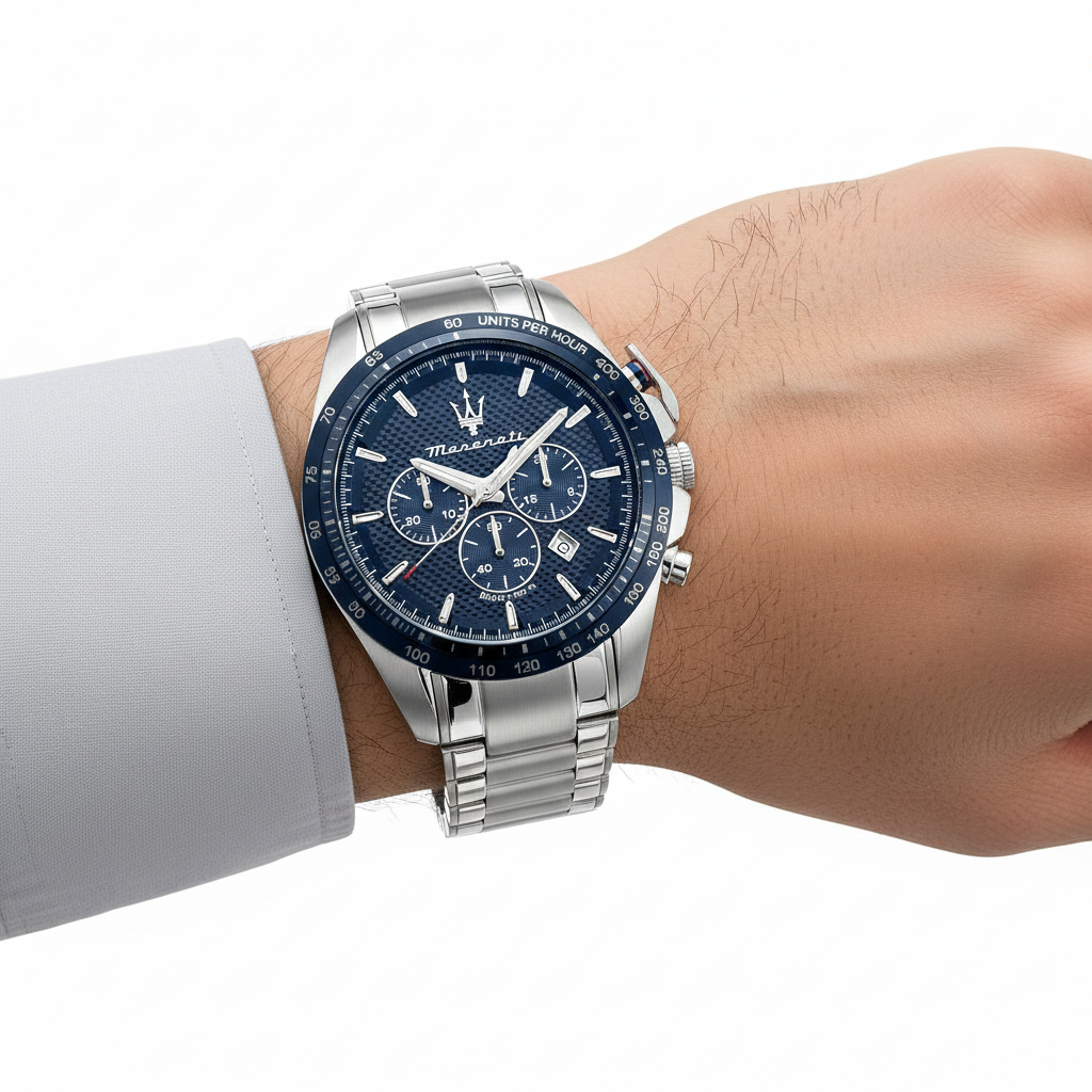 🔱 Maserati Chronograph Watch with Blue Dial and Stainless Steel Bracelet 💙✨