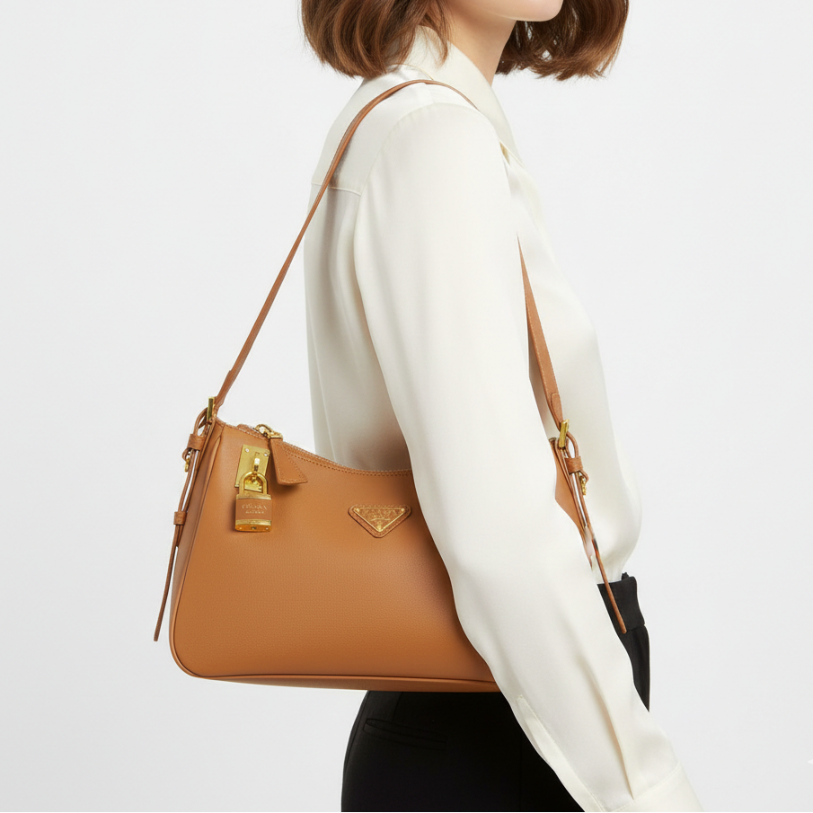 Prada Leather Shoulder Bag with Gold Padlock Detail 👜✨🍂