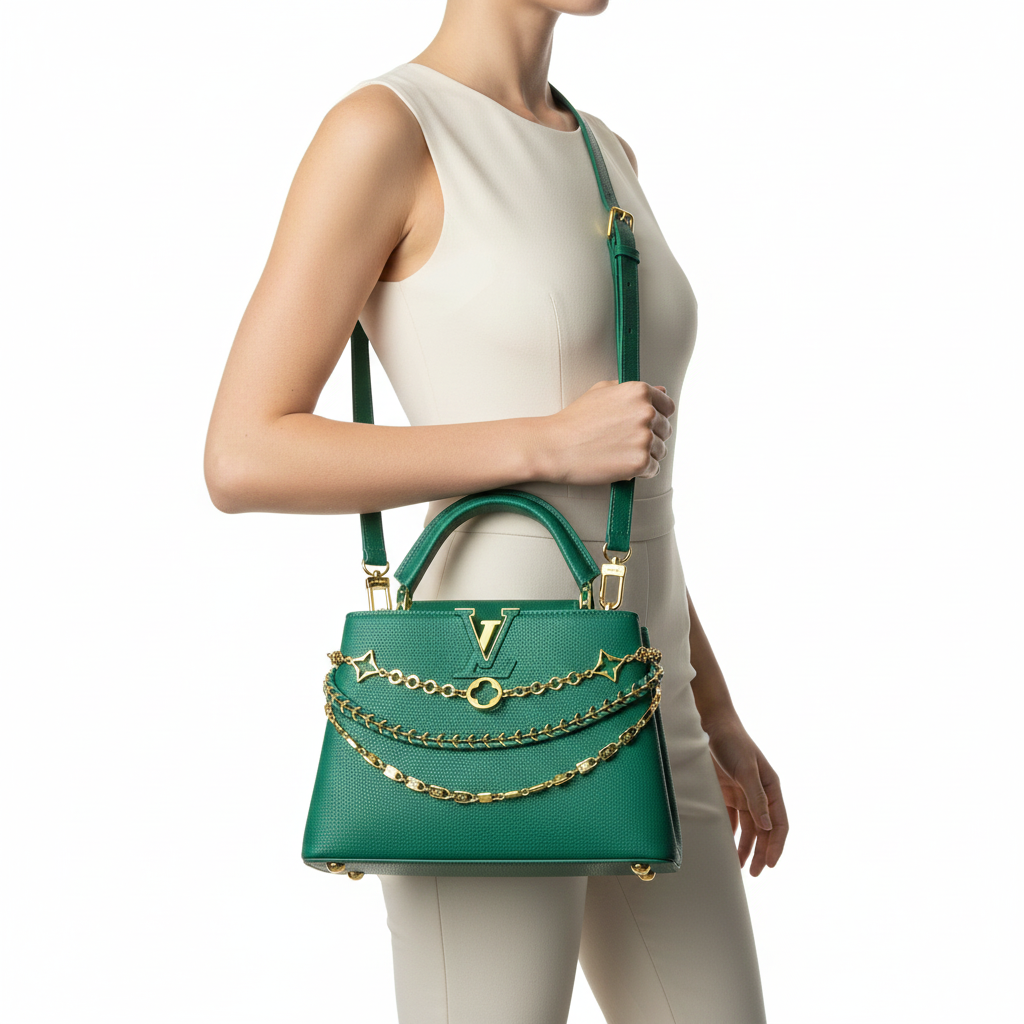 Emerald Green Top Handle Bag with Gold Chain Detailing 💚🔱 chic