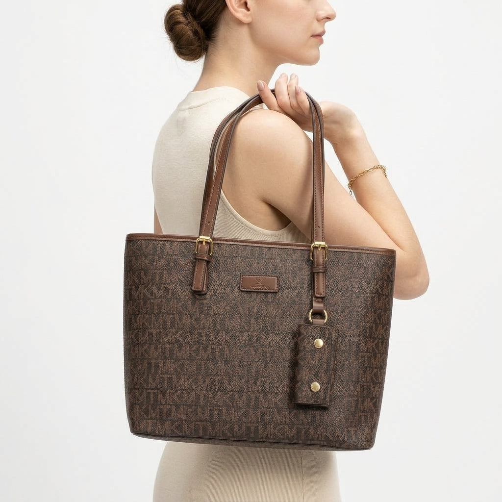 Monogram Pattern Tote Bag with Leather Style Straps