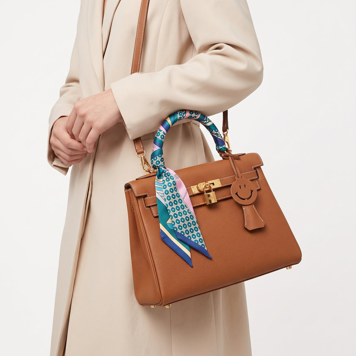 Genuine Leather Structured Handbag with Scarf and Smiley Charm