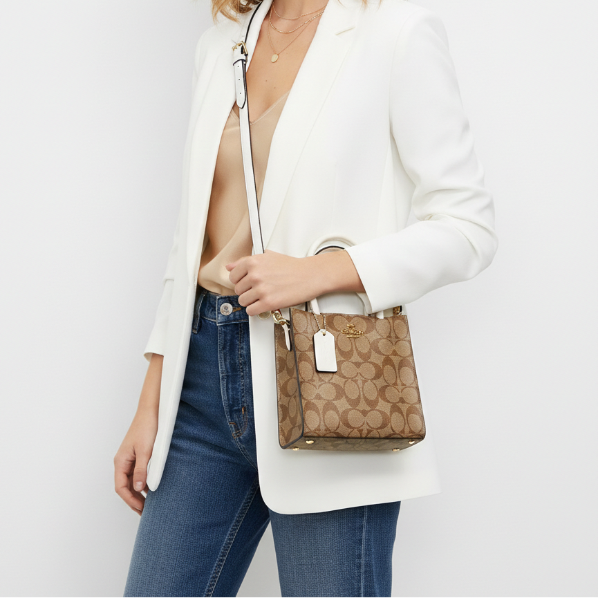Coach Mini North South Tote in Signature Canvas with White Trim 👜✨🗽