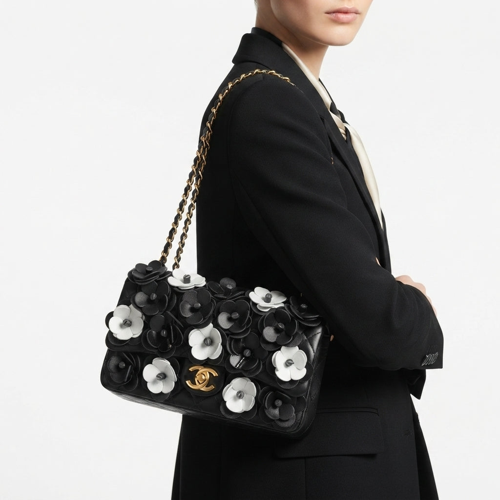 Chanel Floral Embellished Shoulder Bag with Chain Strap