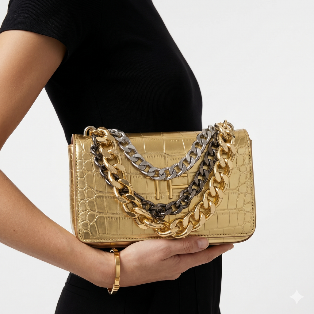 Gold Crocodile Embossed Leather Bag with Multi-Tone Chain Strap ✨👜