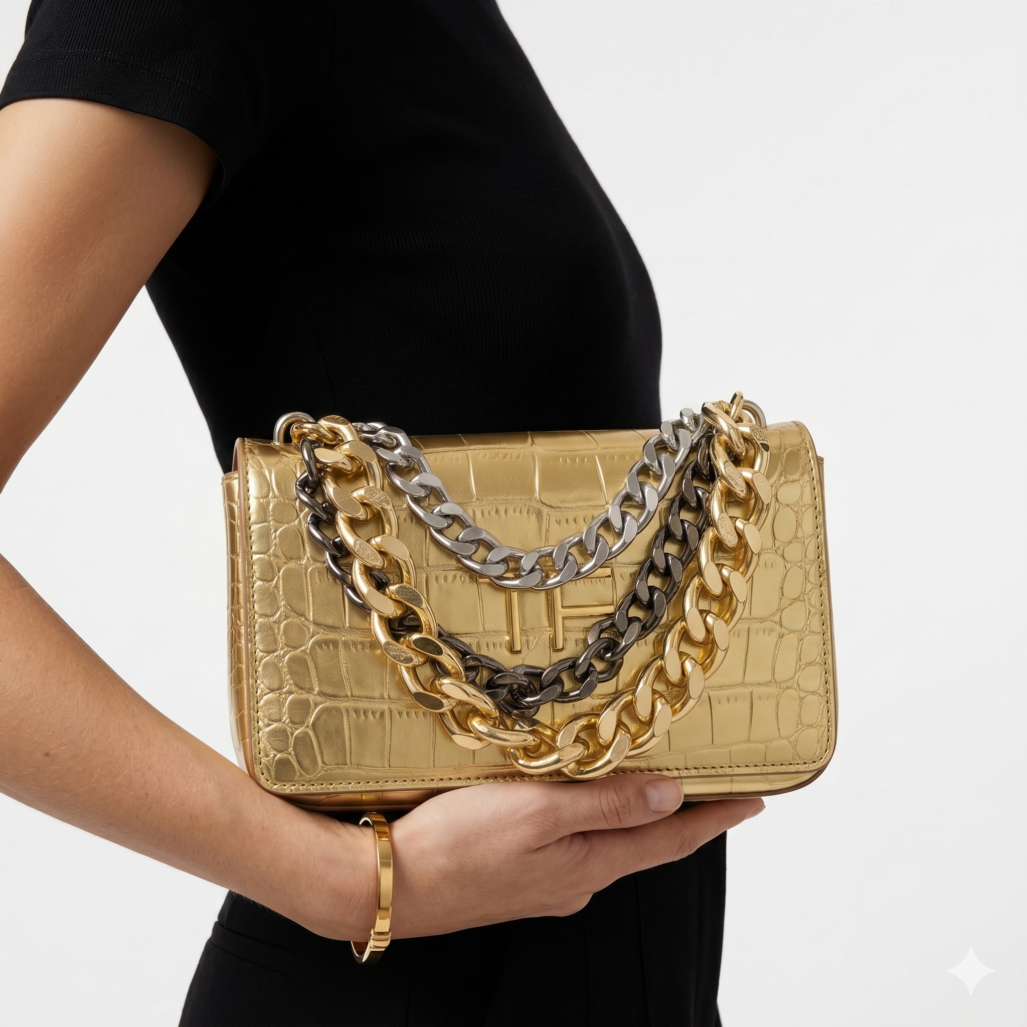 Gold Crocodile Embossed Leather Bag with Multi-Tone Chain Strap ✨👜