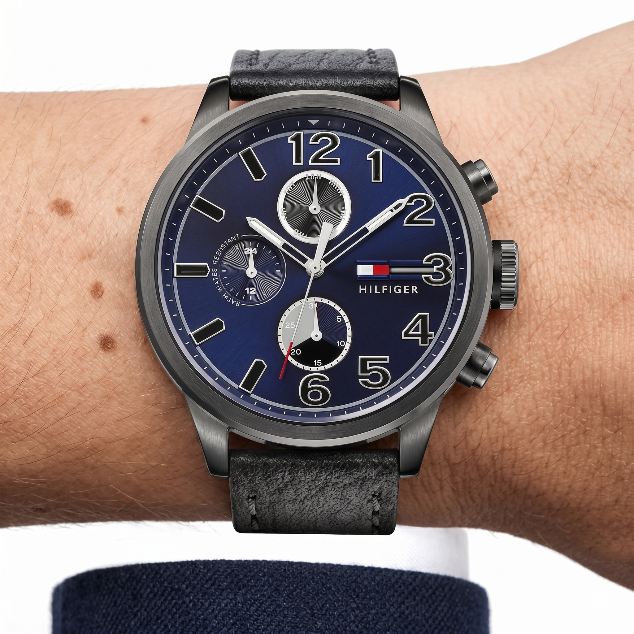 Tommy Hilfiger Black Leather Multifunction Watch ⌚🖤🔵