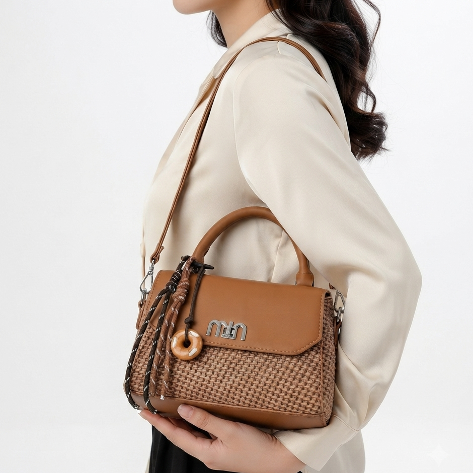 Woven Texture Top Handle Crossbody Bag with Decorative Charm